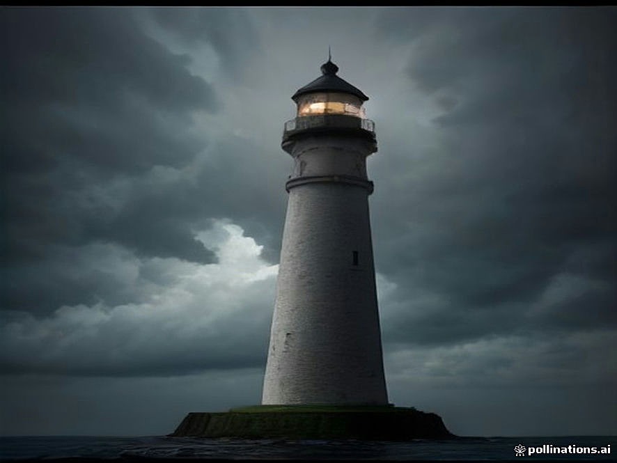 A tall white lighthouse tower rising against a dark dusk sky, its lamp alight above the sea.